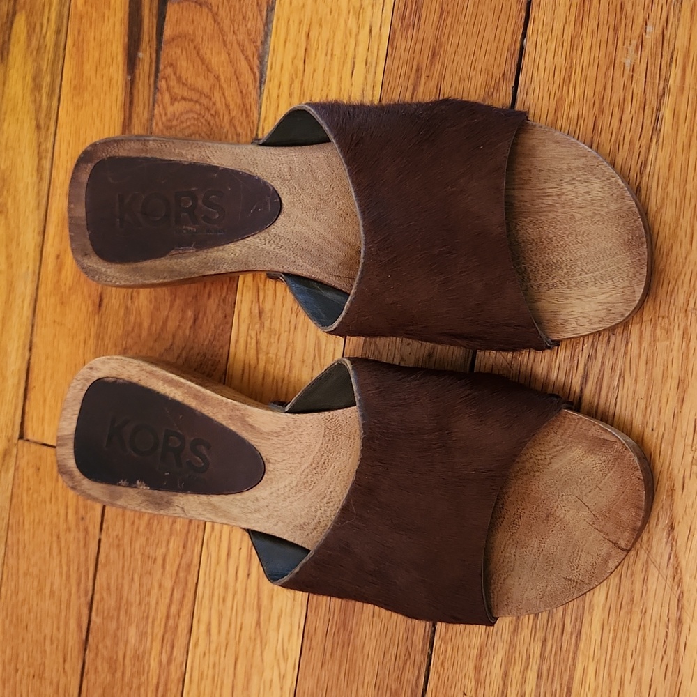 Michael Kors brown ponyhair sandals with wooden platform.  Size 7